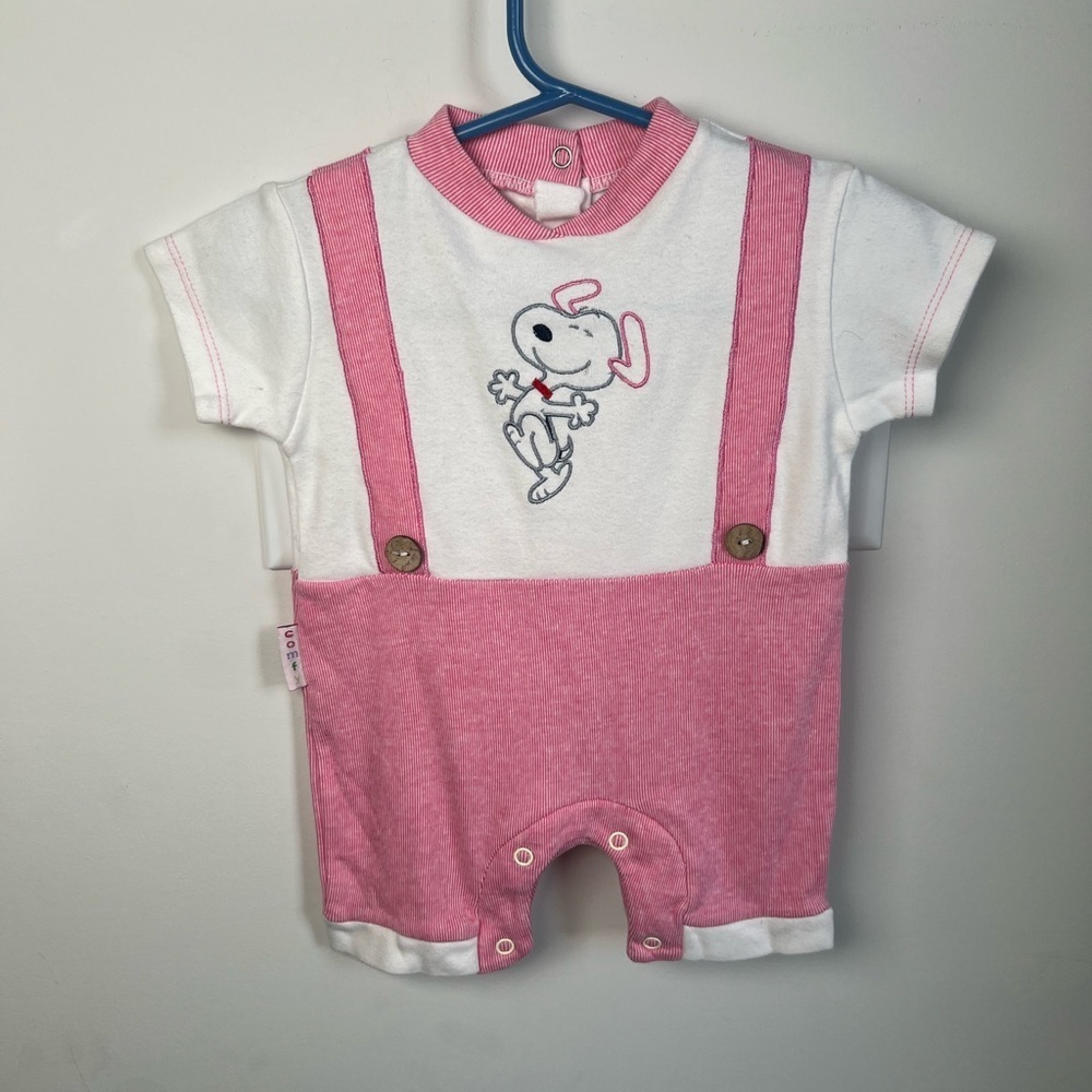 Comfy Brand Snoopy Romper Pink Faux Overalls Design Embroidered Girls